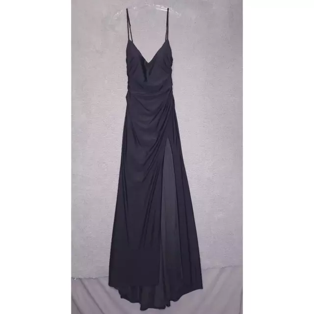 La Femme Womens Gown Dress Solid Black Maxi Front Slit V Neck Sleeveless 6 New