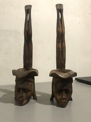 Vintage Carved Wood Igorot Philippines Figure Offering Bowl 16" Pair