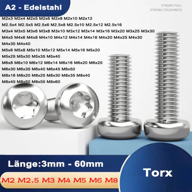 Linsenschrauben Edelstahl A2 ISO 7380 TORX M2 M2.5 M3 M4 M5 M6 M8 Torx Schrauben