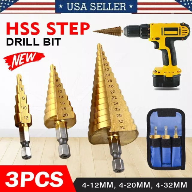 3Pcs Drill Bit Set Titanium Nitride Coated Steel Step Quick Change 1/4 Shank HSS