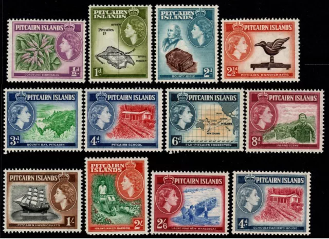 Pitcairn Islands 1957 QE Pictorials(12) Unhinged Mint SG18-28 (2s short perf)