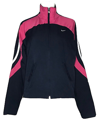 Vintage Nike Women's Jacket Full Zip Stretch Navy White Pink Sz L (12-14)