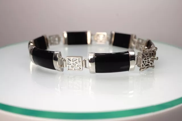 925 Sterling Silver Black Onyx Chinese Lucky Theme Bar Link Bracelet Vintage