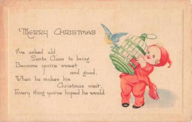 Postcard Merry Christmas Little Child with Bird & Cage Gibson Lines VTG VPC02.