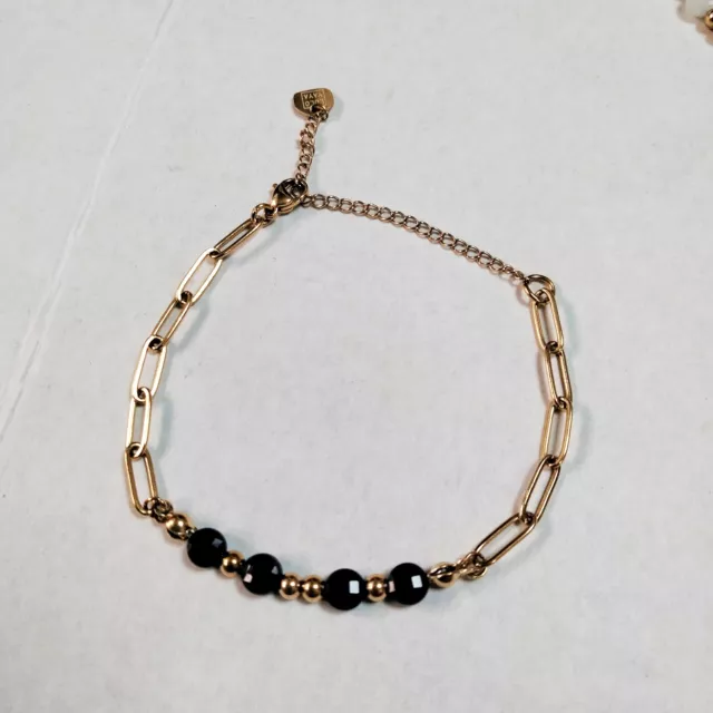 Bracelet chaine de cheville en acier inoxydable doré perles noires, neuf