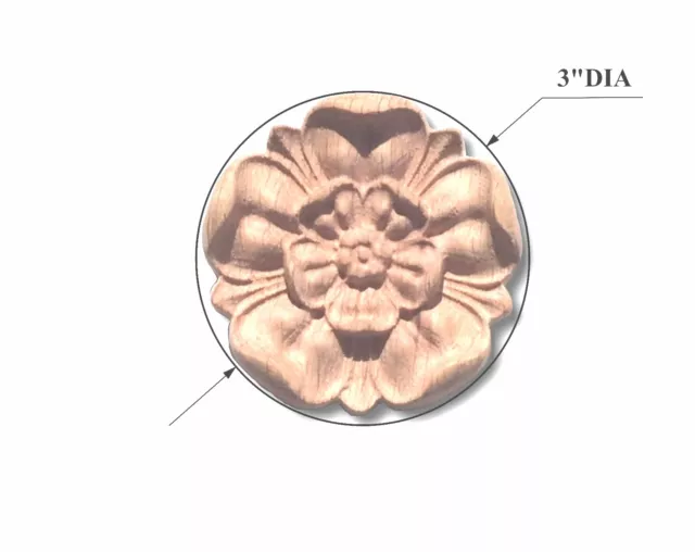 Solid Hardwood carved Round Rosette / Applique 3"Dia. x 5/8" Thick