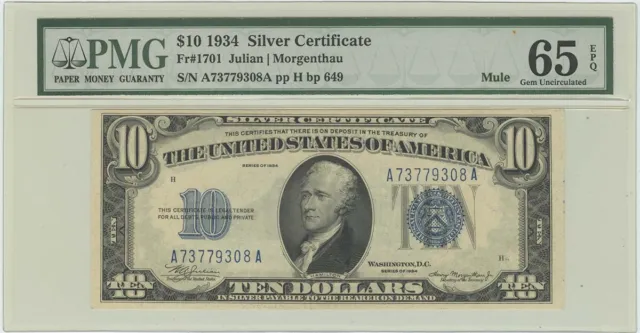 1934 $10 Silver Certificate FR#1701 PMG 65EPQ Gem Unc MULE