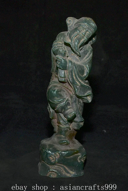 7.6" Ancient Chinese Green Jade Carved Mammon Money Wealth God Statue Sculpture
