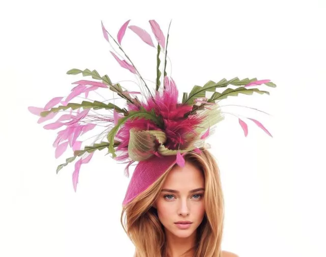 Fuchsia Pink Olive Green Feather Kentucky Derby Fascinator Hat Wedding