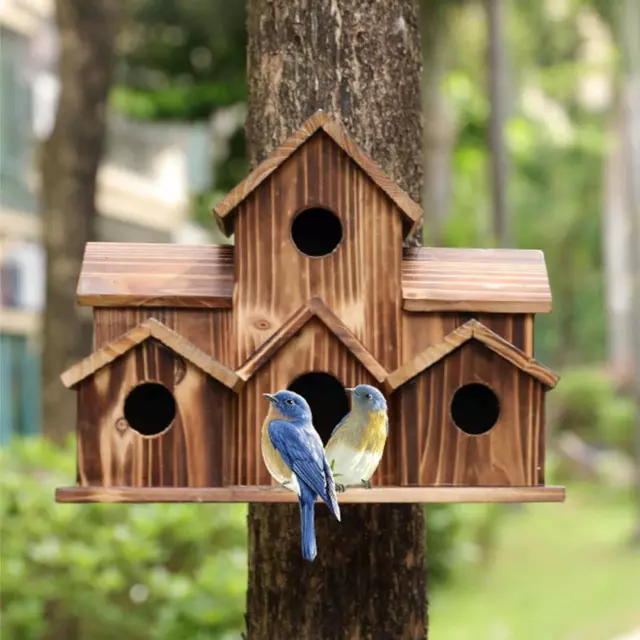 Outside Wooden Bird Houses Hanging 6 Hole Handmade House Natural Bird