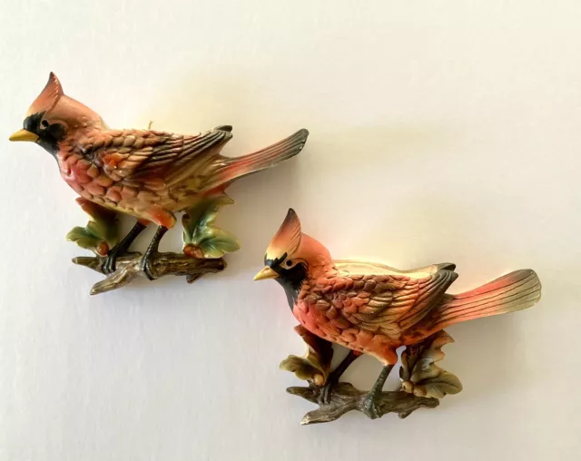 2 Vtg Lefton Cardinal Wall Pockets Ceramic Red Birds On Holly Branch Berries