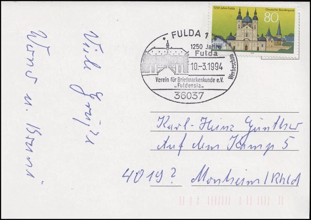 1722 Fulda, EF FDC-Ansichtskarte 1250 Jahre Fulda ESSt Fulda FULDENSIA 10.3.1994