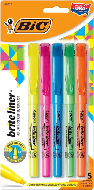 BIC Brite Liner Highlighters Chisel Tip 5 Count Assorted Colors FREE SHIP