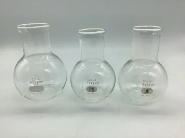 3 Corning Pyrex Glass 100-150 ML. Single Neck Flat Bottom Flask (#5160 No Caps)