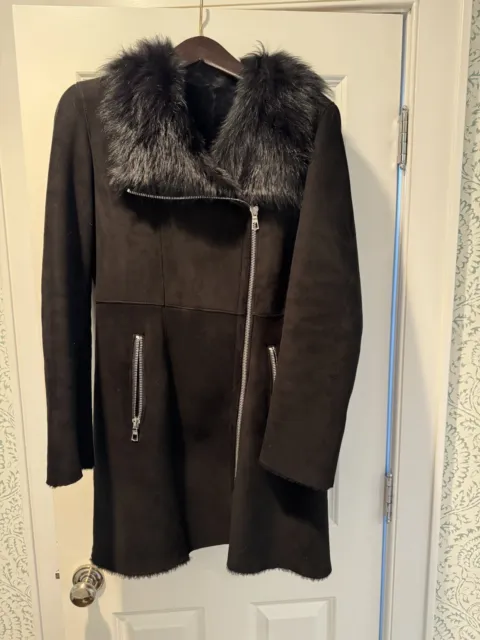 Women's Black Shearling Coat w Fur Collar by Blue Duck, Size Med, EUC, Worn Once