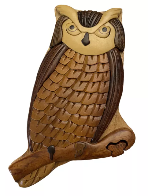 Wooden Hand Carved Owl Puzzle Box Secret Jewelry Trinket Box 6 Inches By 4 Inche