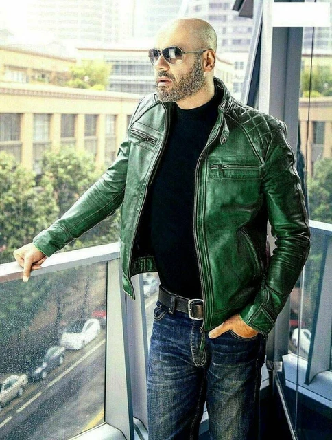 Men's Slim fit Biker Festive Lambskin Leather Motorcycle Green Stylish Jacket
