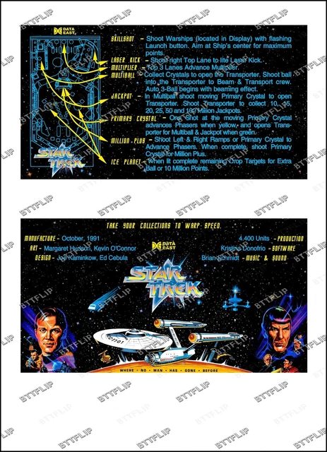Cartes D'instructions Data East Star Trek 1991 Pour Flipper Pinball - Neuves