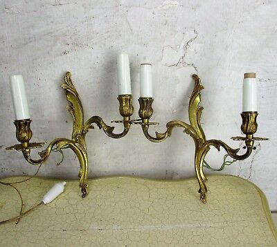 Pair Couple Vintage Ornate  Brass Bronze Two-Arm Double Wall Sconces Sleeves