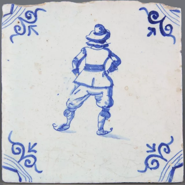 Nice Dutch Delft Blue tile, skater, mid 17th century.