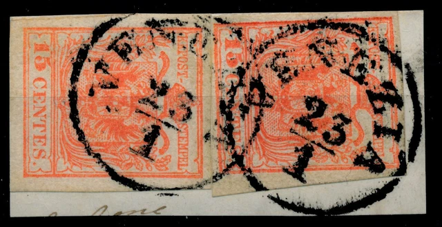 LOMBARDEI-VENETIEN 1850 2*15C auf Briefstück, HP, Type III. VENEZIA. Attraktiv!