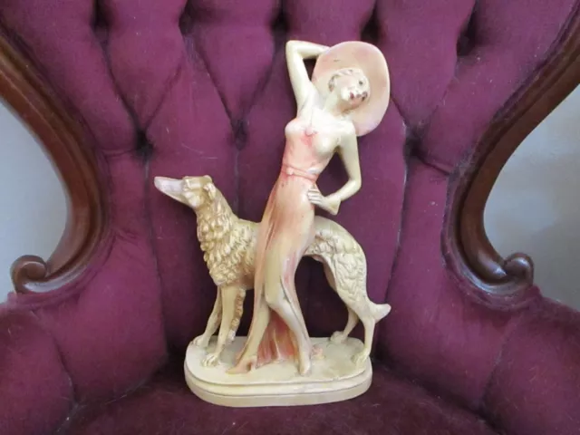 Original Art Deco Chalkware Lady Statue W/ Borzois Dog. A. Santini Style