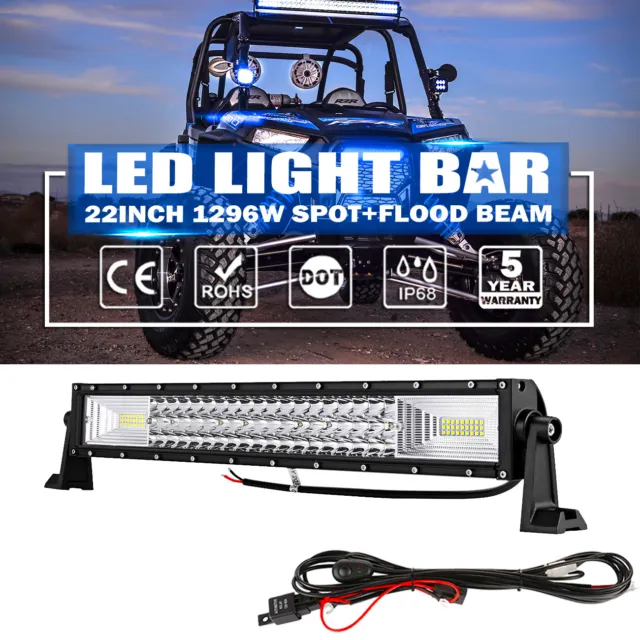 22" Tri-Row 1296W LED Work Light Bar Spot Flood Beam Offroad Driving ATV UTV