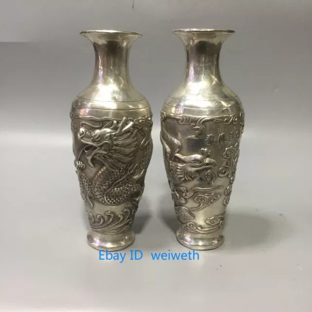 Collection A Pair Old Tibet Silver Handwork Carved Dragon & Phoenix Vase z01