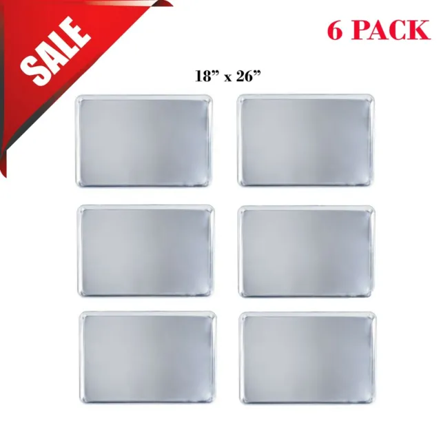 (6 Pack) 18" x 26" Full Size Aluminum Baking Bun Pan / Sheet Pans - Wire in Rim