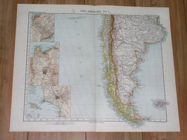 1912 Antique Map Of Chile Santiago Valparaiso Argentina Falklands / Lima Panama