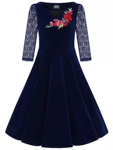 BNWT 1950s Fifties Retro Vintage Pin-Up Style Blue Velvet Dress Embroidered UK 8