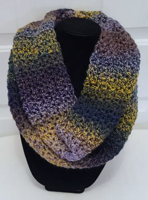 New 70" Cowl Infinity Scarf - Green Gold Purple - Handmade Hand Crochet Knit