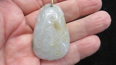 Old Chinese Natural Hetian White Jade Nephrite~Carved Flowers + Vines Pendant