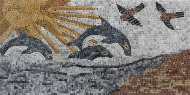 Mosaic Marble Sunset Dolphins ANIMAL Art Design  39x20 Inches