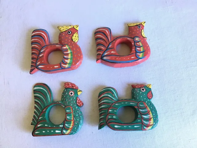 Lot Of 4 Hand Painted Artisan Folk Art Chicken Rooster Wooden Napkin Ring Holder