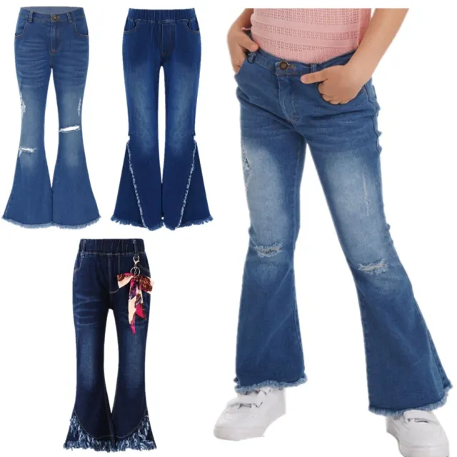 Kids Girls Ripped Flare Jeans Tassel Hem Bell-bottom Trousers Denim Long Pants