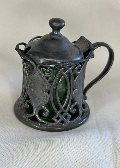 Art Nouveau Queen City Silver plated Mustard Pot With Green Glass Liner