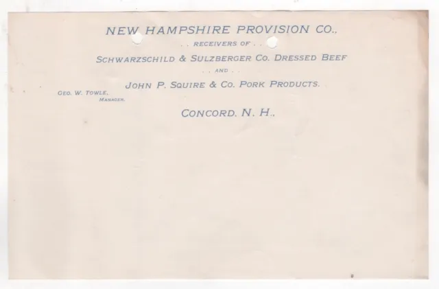 Ca1900 Unsused New Hampshire Provision Letterhead Dressed Beef Pork Concord Nh