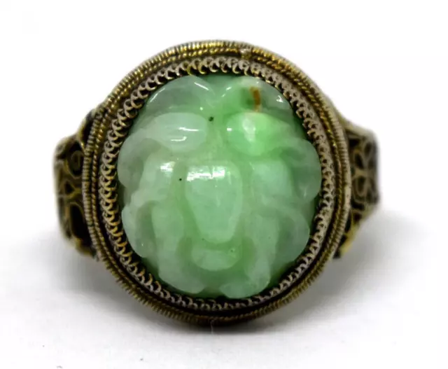 Antique Chinese Silver and Natural Jade Filigree Ring Size 4. - 6 (Adjustable)