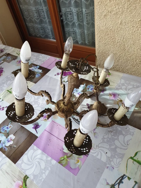 Ancien Lustre En Laiton Ou Bronze 6 Branches fonctionnel