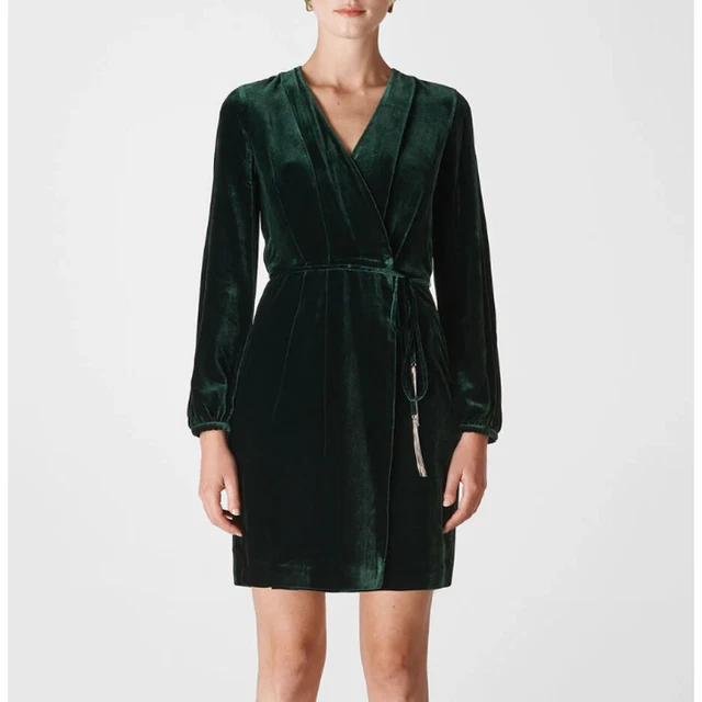 WHISTLES Lavone Silk Mix Velvet Wrap Dress Dark Green Long Sleeve V-Neck Emerald