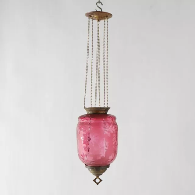 Antique Victorian Cut To Clear Cranberry Glass & Brass Hanging Hall Light C1880 3