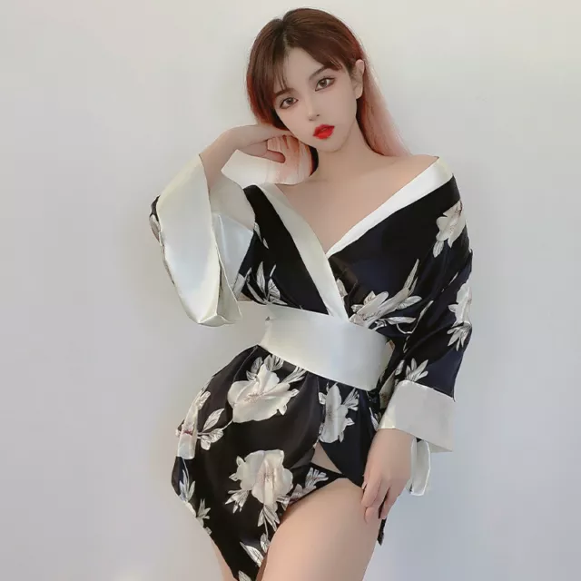 Lady Faux Silk Floral Bathrobe Sleepwear Nightgown Sexy Kimono Yukata Robe