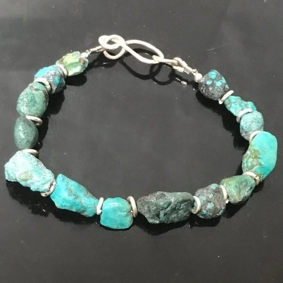 Turquoise Hubei Genuine Nugget Natural Sterling Silver 925 Bracelet Handmade
