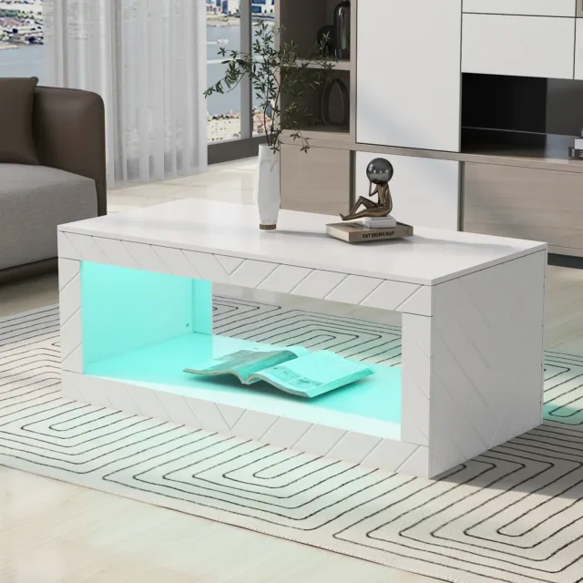 Modern High Gloss Coffee Table with LED Lights Center Cocktail Table Living Room