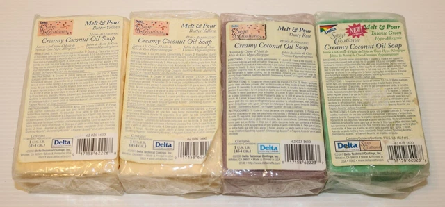 Lote de 4 bloques de jabón de aceite de coco cremoso 1Delta creaciones de jabón derretir y verter nuevos