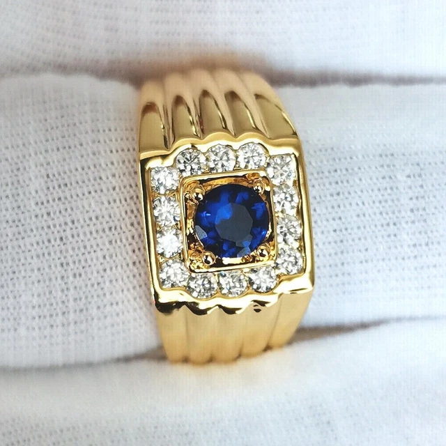 1.35 Ct Natural Blue Sapphire & Diamond Men's Engagement Ring in 14K Yellow Gold