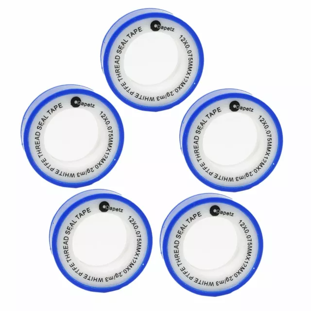 5 x PTFE Threaded Sealing Plumbers Tape for Water Tight Pipe Fittings Seals 12mm