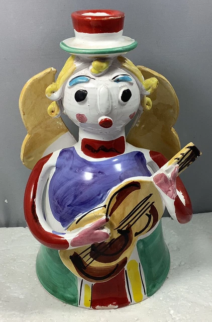 Vintage Italy MCM Hand Painted Unique Colors Angel Pottery Candle Holder  9”