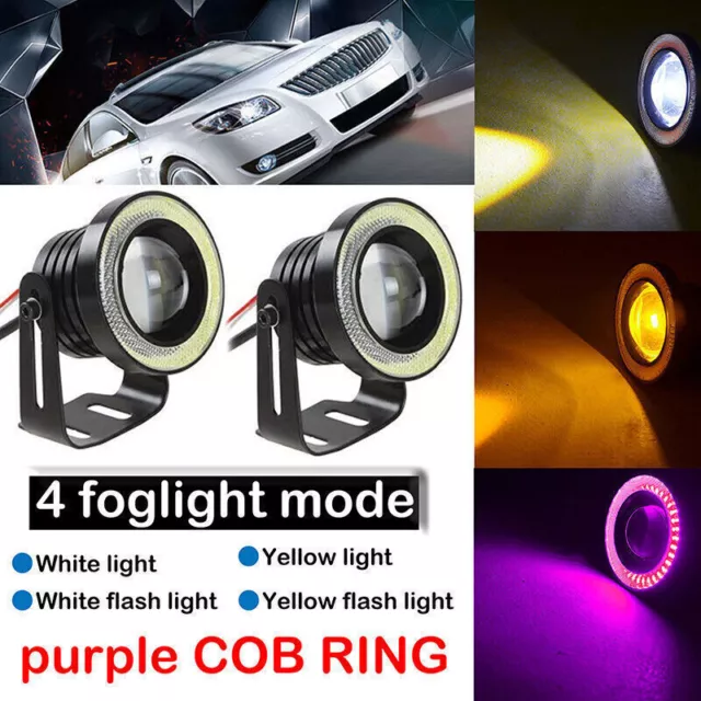 PAIR 3'' COB LED Fog Light Projector Car Purple Angel Eyes Halo Ring DRL Lamp .